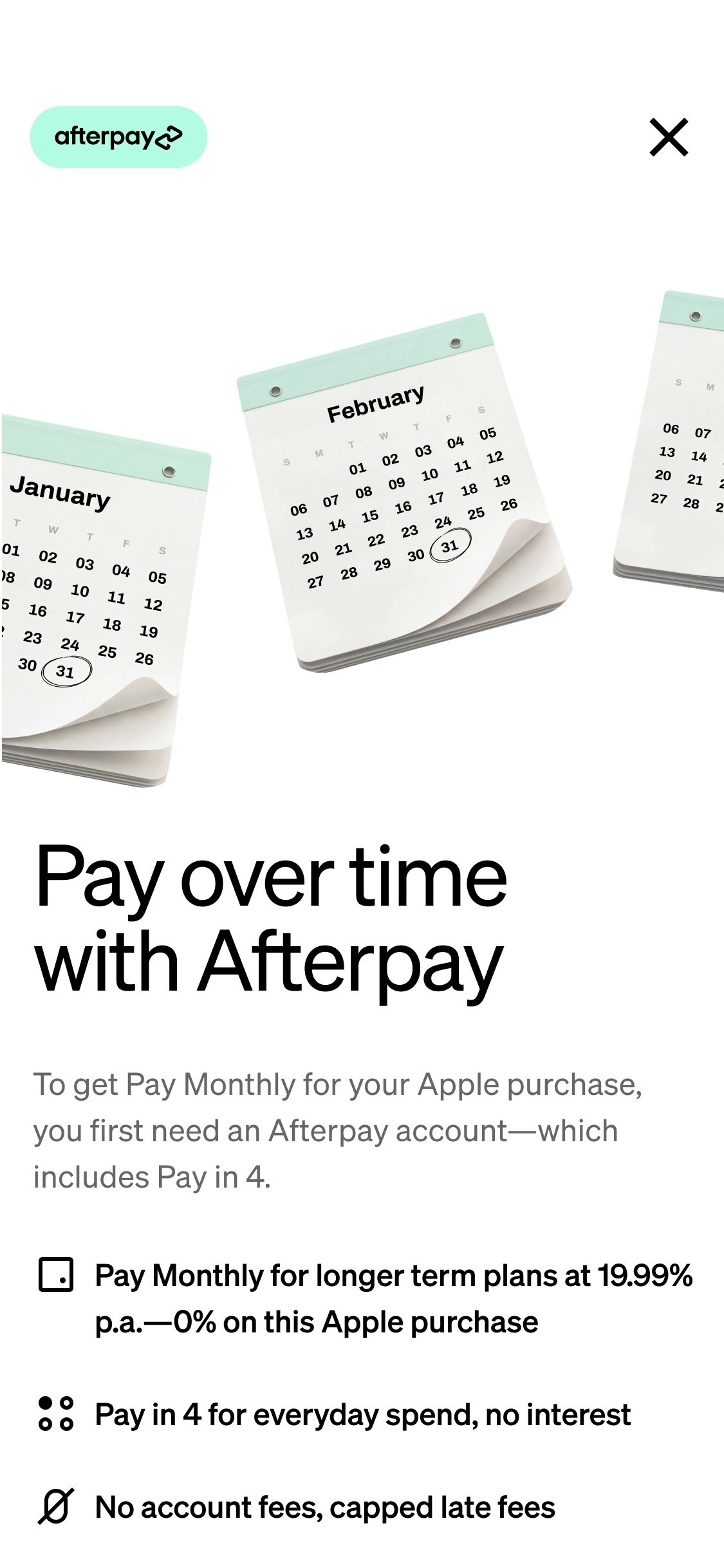 Afterpay Pay Monthly — long-term lending product screen